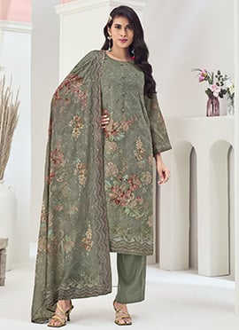 Olive Muslin Digital Print Thread Embroidered Sequins Straight Pant Suit