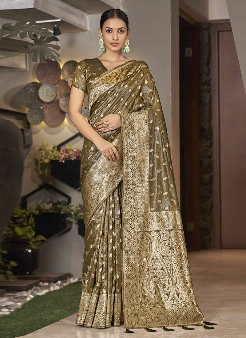 Olive Shimmer Silk Zari Saree Festive Wear