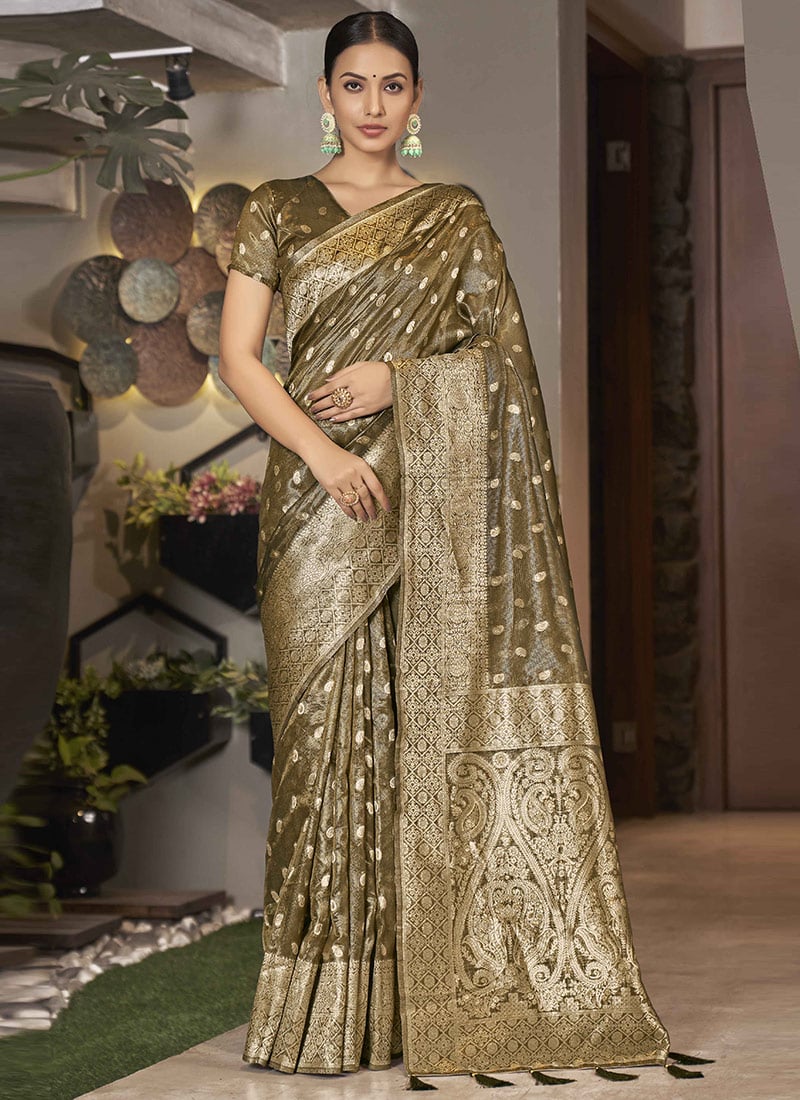 Olive Shimmer Silk Zari Woven Saree Festive Wear