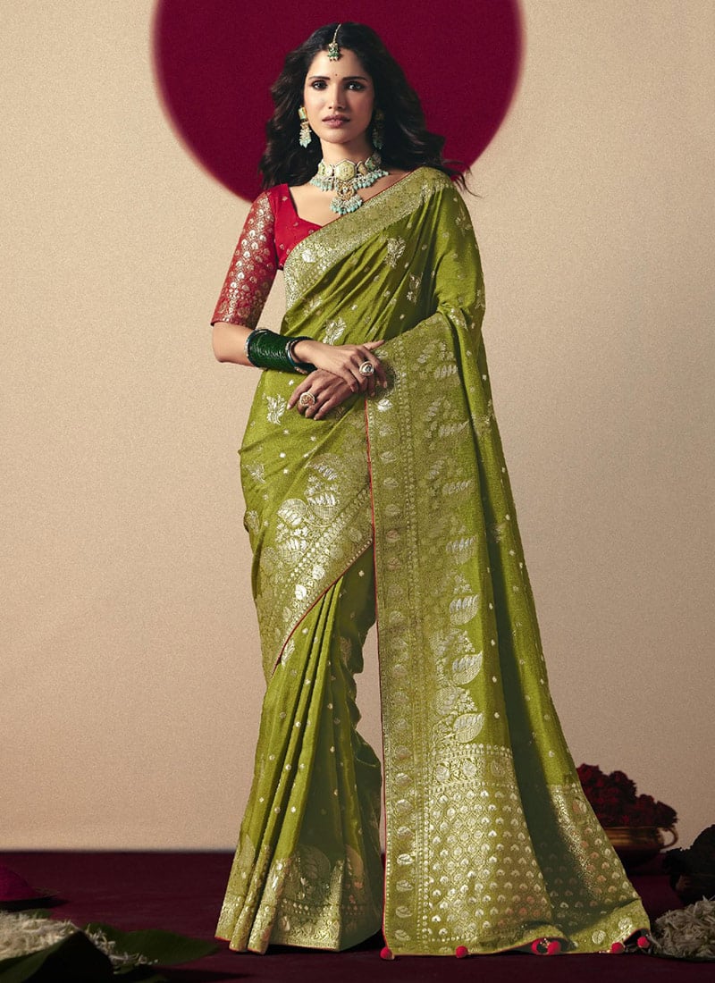 Olive Viscose Zari And Jacquard Saree Festive Wear