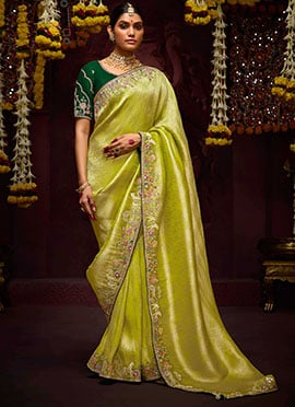 Olive Yellow Banarasi Silk Embroidered And Sequins Beads Thread Work Saree
