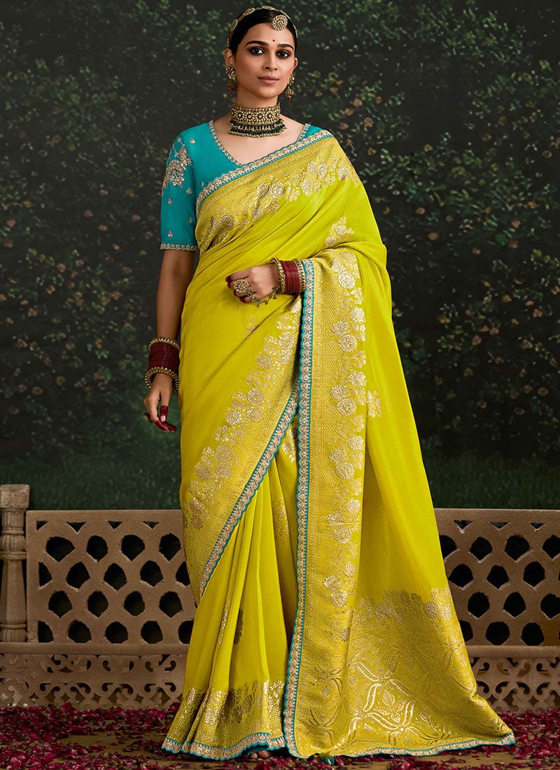 Olive Yellow Embroidered And Sequins Thread Work Saree
