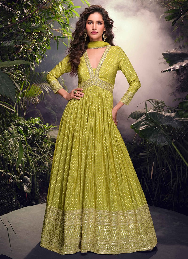 Olive Yellow Jacquard Silk Embroidered Sequins A Line Anarkali Suit