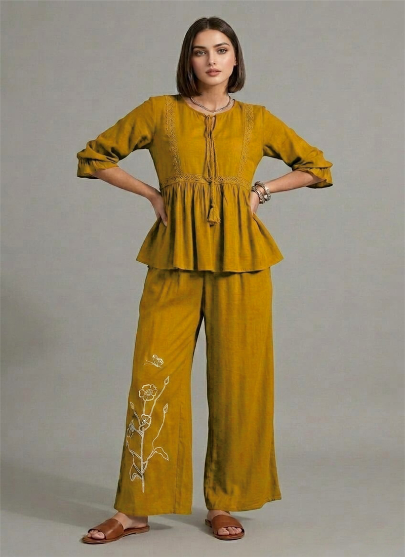 Olive Yellow Linen Cotton Beautiful Co Ord Set After Six Wear