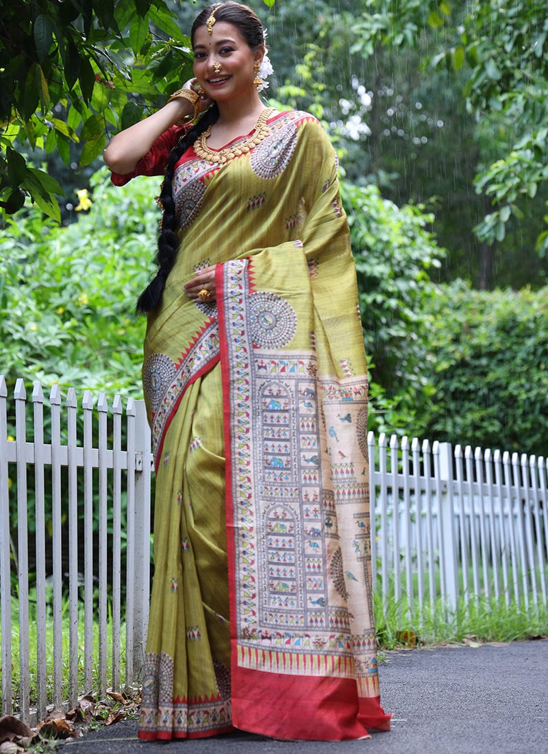Olive Yellow Soft Tussar silk Printed Saree Festive Wear