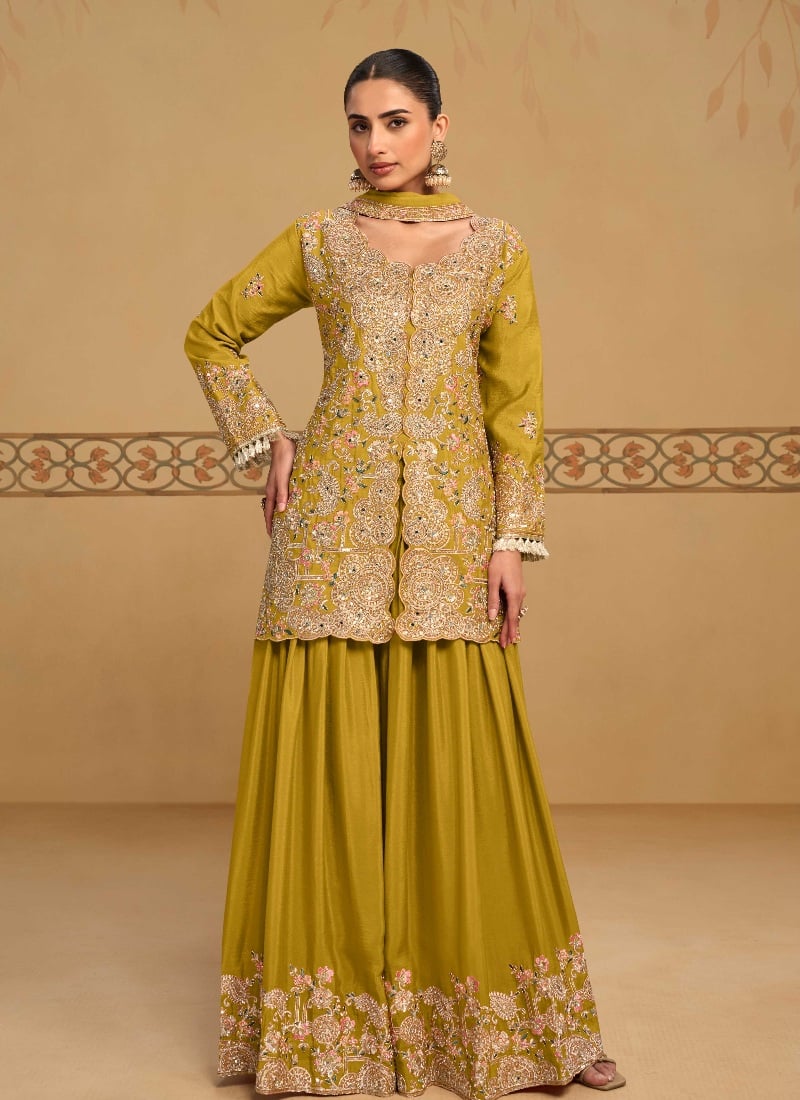 Olive Yellow Zari Sequins Mirror Stone Embroidered Chinon Palazzo Suit Festive Wear