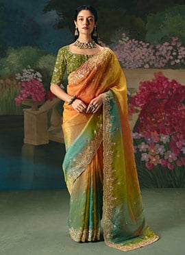 Ombre Orange Organza Silk Embroidered Sequins With Beads And Stone Work Saree