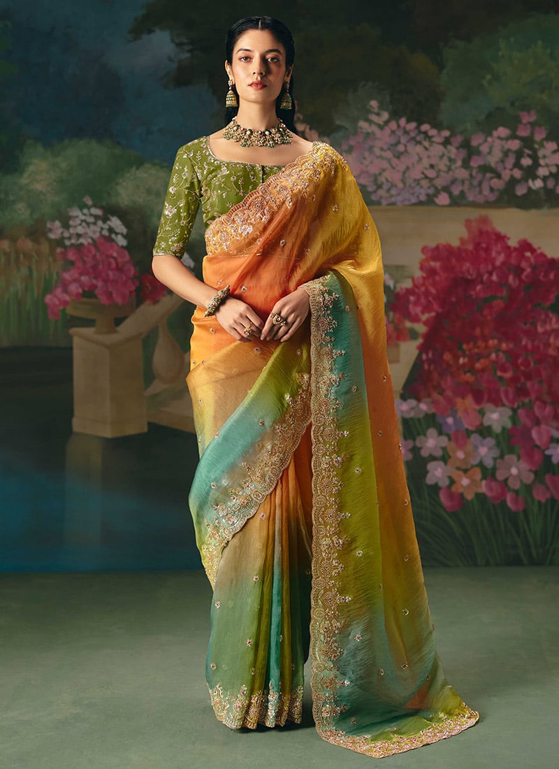 Ombre Orange Organza Silk Embroidered Sequins With Beads And Stone Work Saree Wedding Wear