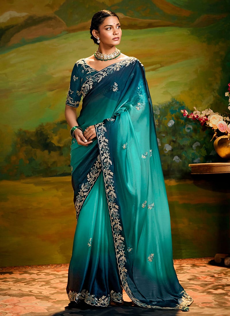 Ombre Teal Blue Tissue Silk Embroidered Sequins Hand Work Saree Wedding Wear-SASCC39215394