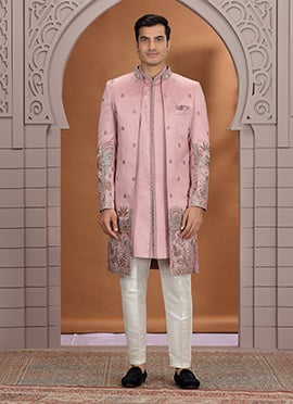 Onion Pink Art Silk Embroidered Sequins Zari Indowestern Sherwani
