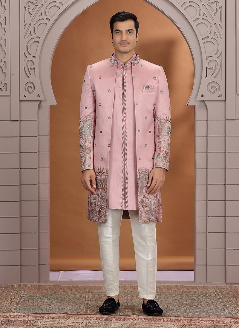 Onion Pink Art Silk Embroidered Sequins Zari Indowestern Sherwani Wedding Wear