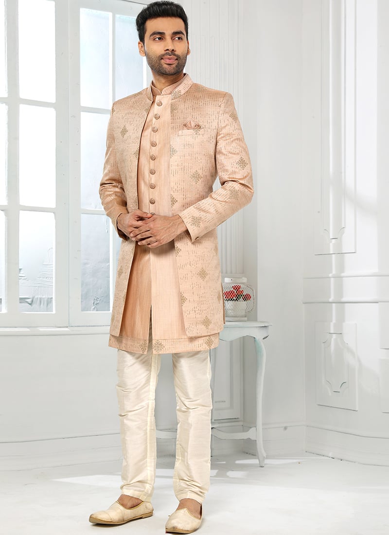 Onion Pink Art silk Jacquard Classic Sherwani Party Wear