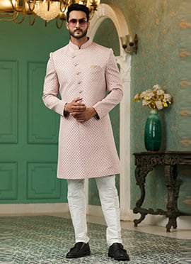 Onion Pink Art Silk Jacquard Indowestern Sherwani
