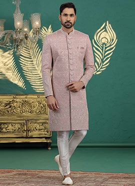 Onion Pink Art Silk Sequins Thread Hand Embroidered Indowestern Sherwani Wedding Wear
