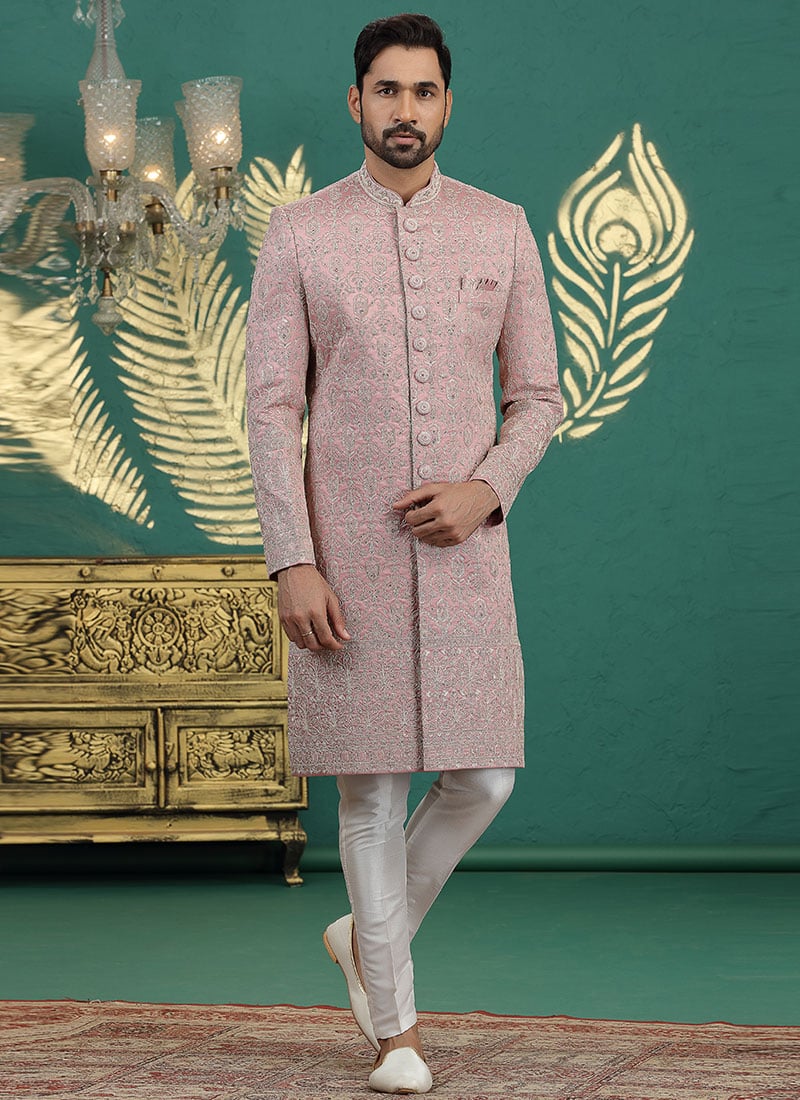 Onion Pink Art Silk Sequins Thread Hand Embroidered Indowestern Sherwani Wedding Wear