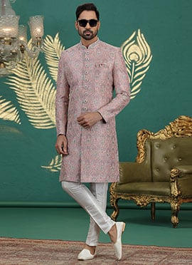 Onion Pink Art Silk Sequins Thread Hand Embroidered Indowestern Sherwani Wedding Wear