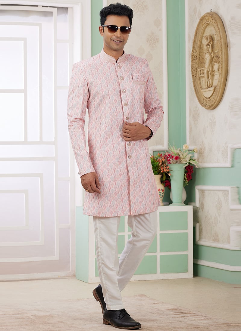 Onion Pink Banarasi Jacquard Digital Print Indowestern Sherwani Festive Wear