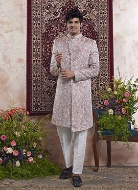Onion Pink Banarasi Jacquard Indowestern Sherwani