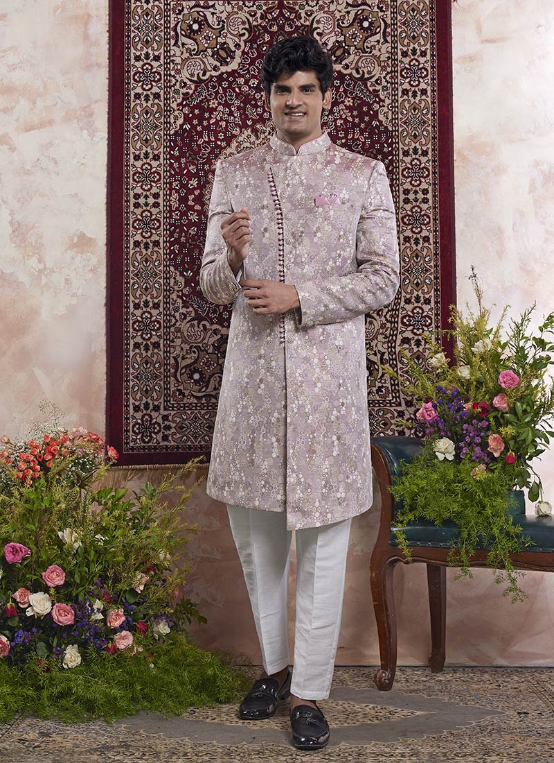 Onion Pink Banarasi Jacquard Indowestern Sherwani Wedding Wear