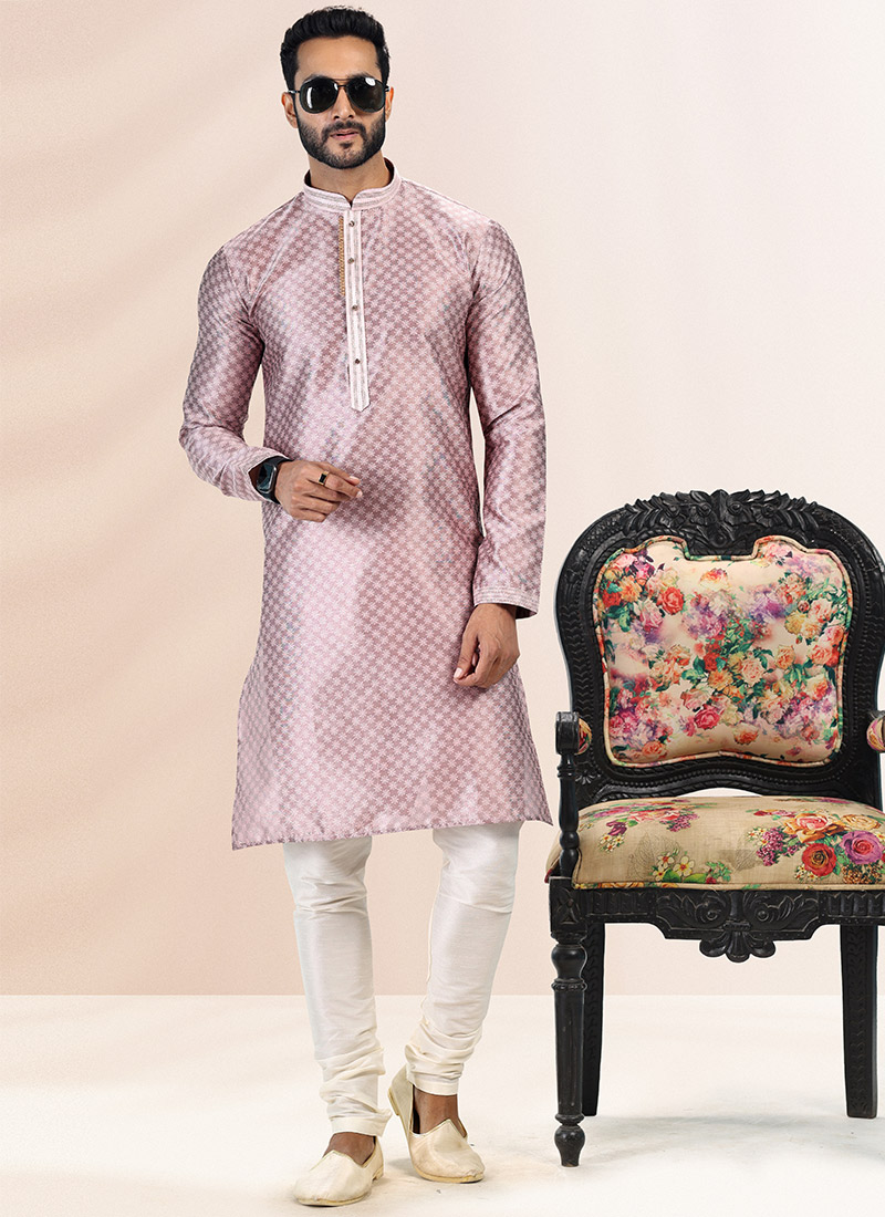 Onion Pink Banarasi Silk Embroidered Work Kurta Pyjama Party Wear