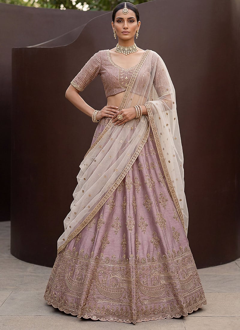 Onion Pink Bridal Lehenga Set With Dual Dupatta And Zari Hand Embroidery Wedding Wear