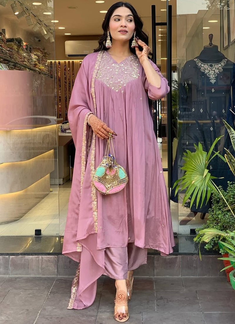 Onion Pink Chinon Embroidered Thread Anarkali Suit Festive Wear