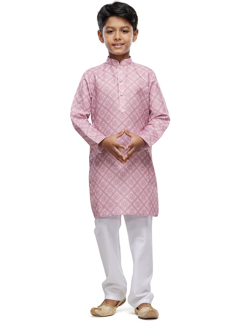 Onion Pink Cotton Digital Print Classic Kids Kurta Pyjama For Young Boys Festive Wear