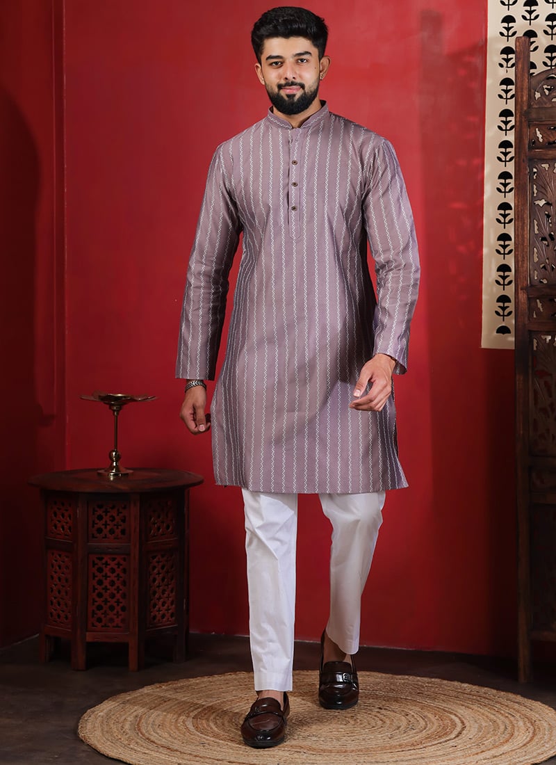 Onion Pink Cotton Printed Kurta Pyjama For Men Festive Wear