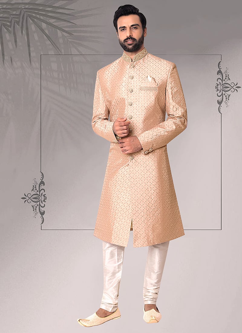 Onion Pink Embroidered Sequins Classic Sherwani Wedding Wear