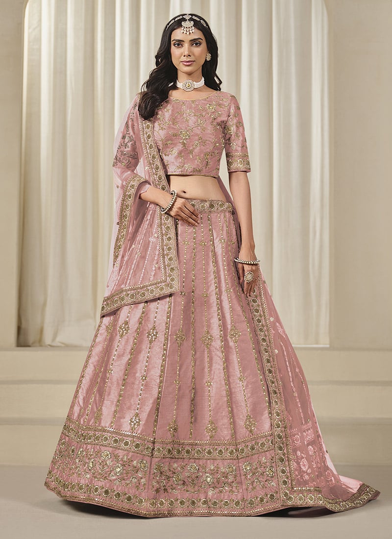 Onion Pink Embroidered Sequins Lehenga Wedding Wear