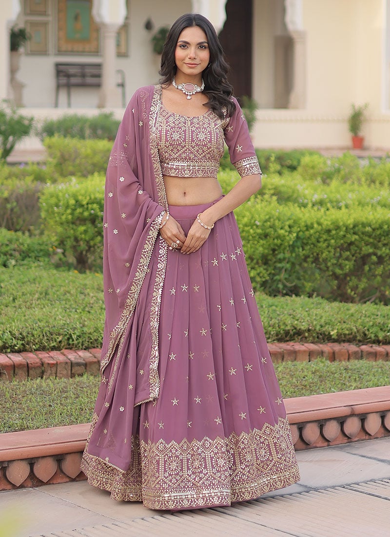 Onion Pink Faux Georgette Embroidered Sequins Zari Umbrella Lehenga Wedding Wear