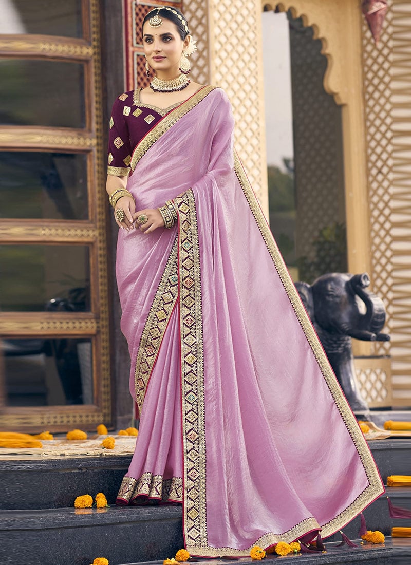 Onion Pink Georgette Embroidered Saree Festive Wear