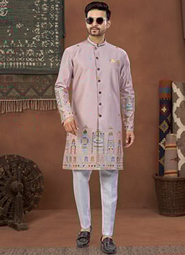 Onion Pink Imported Silk Thread Sequins Highlight Indowestern Sherwani