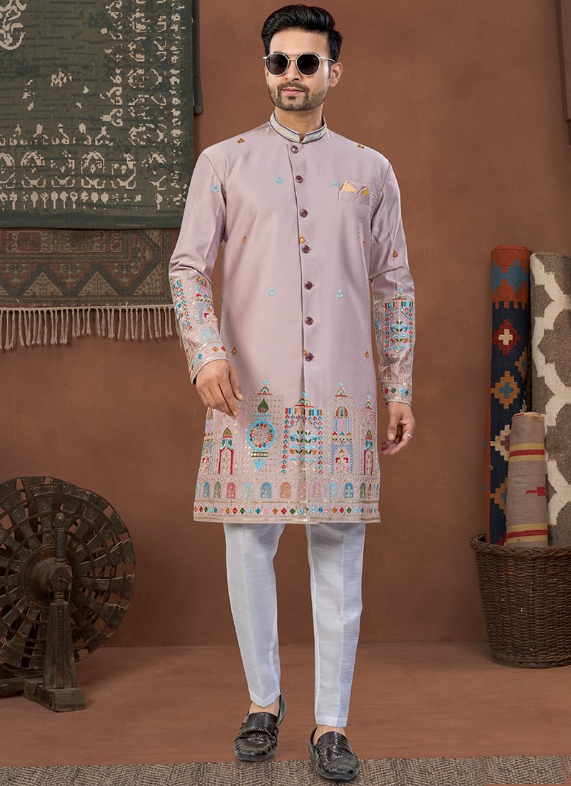 Onion Pink Imported Silk Thread Sequins Highlight Indowestern Sherwani Wedding Wear