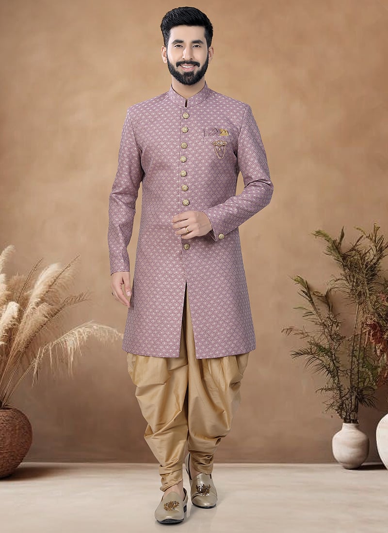 Onion Pink Jacquard Indowestern Sherwani Wedding Wear
