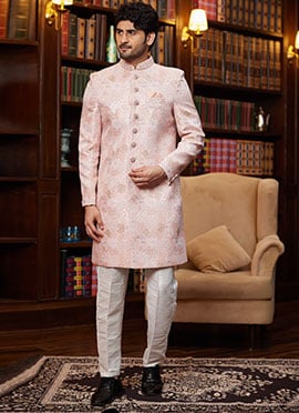 Onion Pink Jacquard Silk Beads And Zari Hand Work Indowestern Sherwani