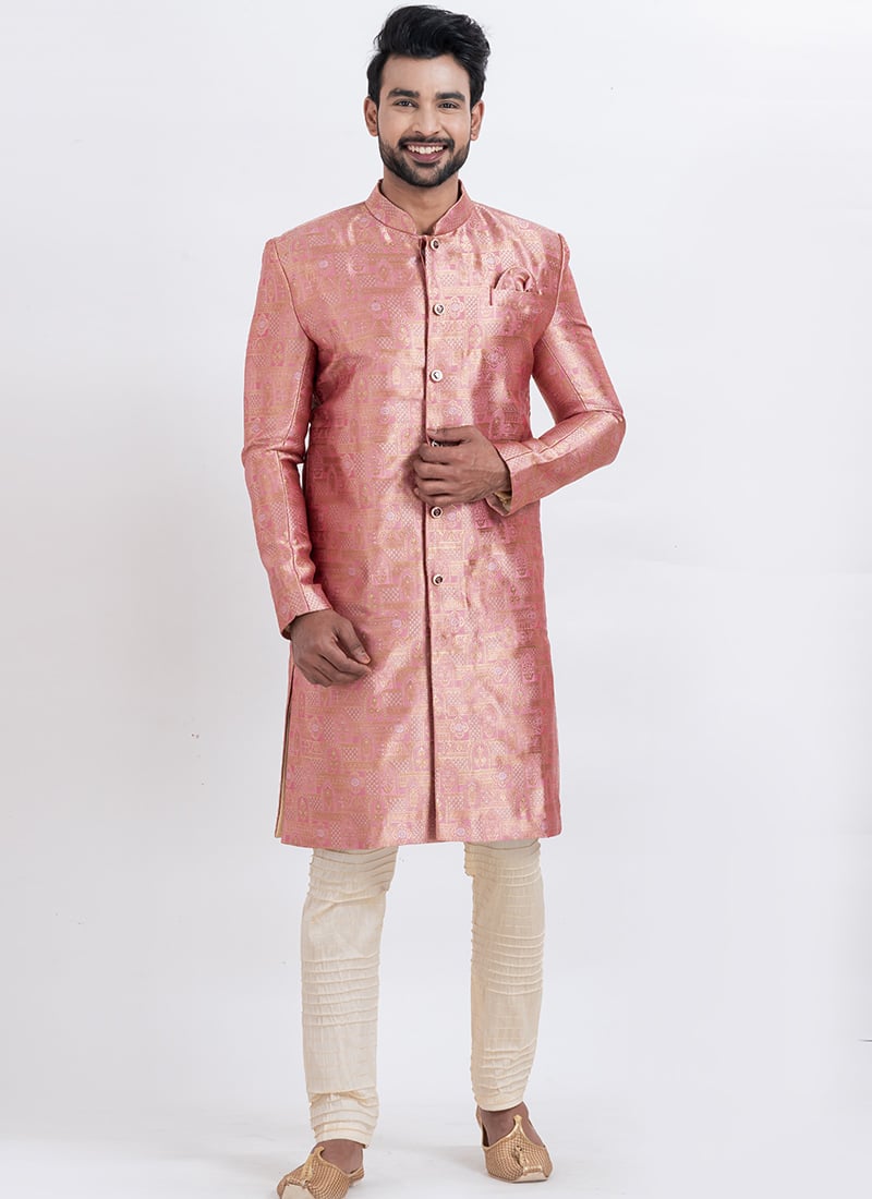 Onion Pink Jacquard Silk Classic Sherwani