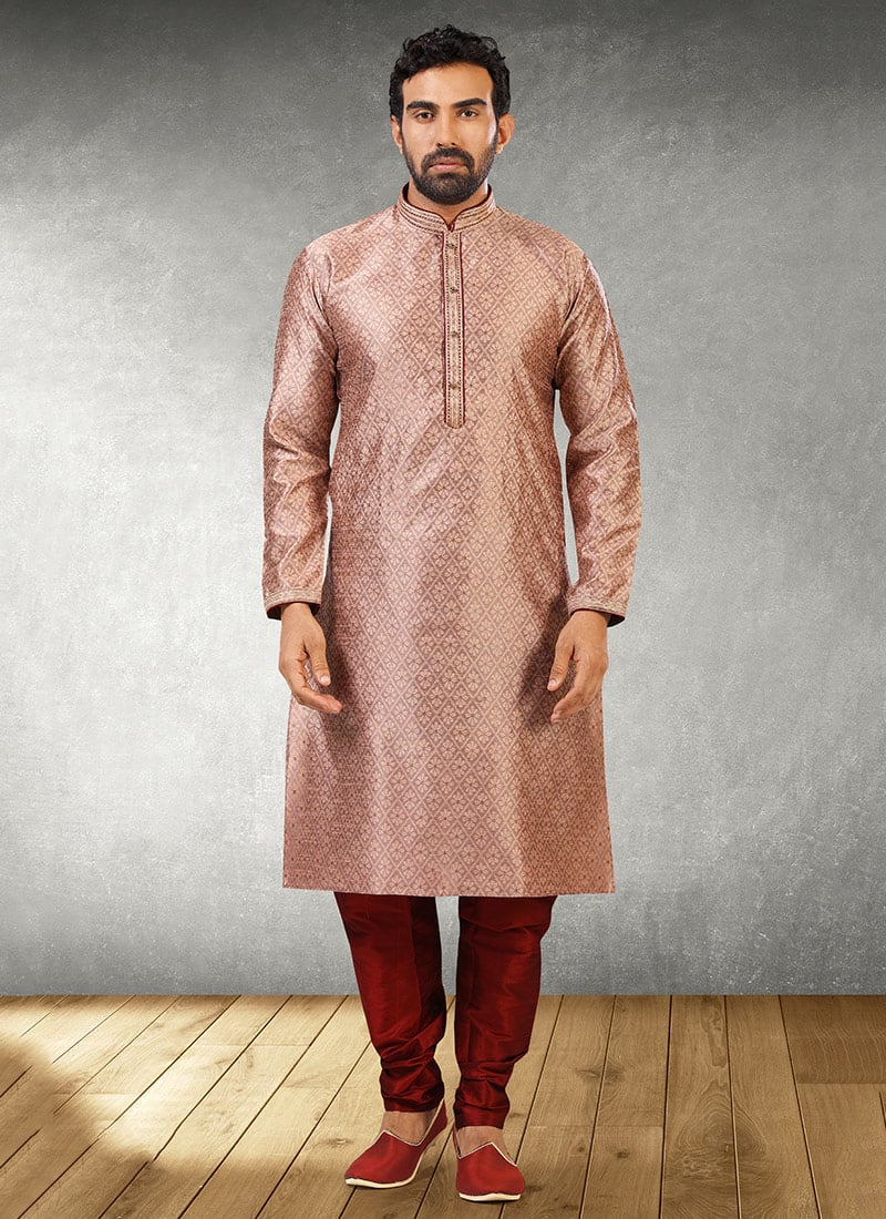Onion Pink Jacquard Silk Pintux Kurta Pyjama