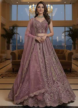Onion Pink Net Thread Zarkan Stone Embroidered Umbrella Lehenga
