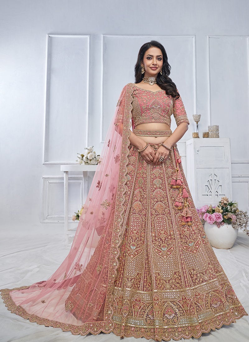 Onion Pink Net Zarkan Work Zari Embroidered And Stone Sequins Classy Lehenga Wedding Wear