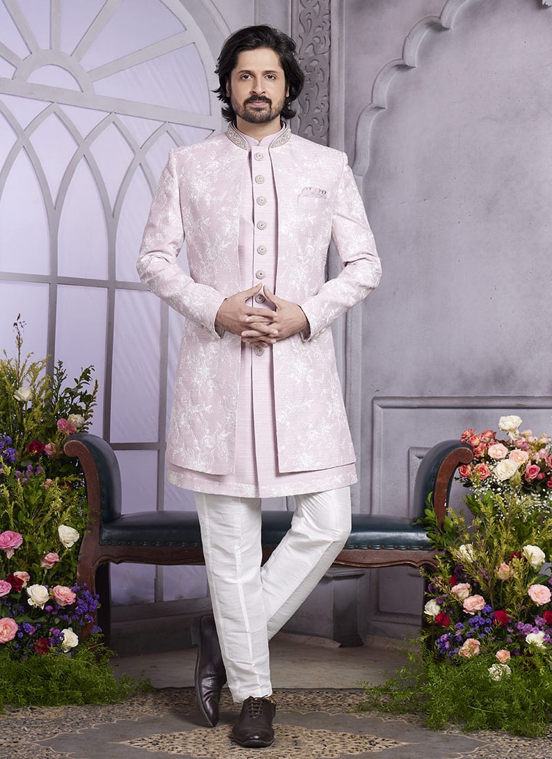 Onion Pink Silk Embroidered Jacket Style Indowestern Sherwani Wedding Wear
