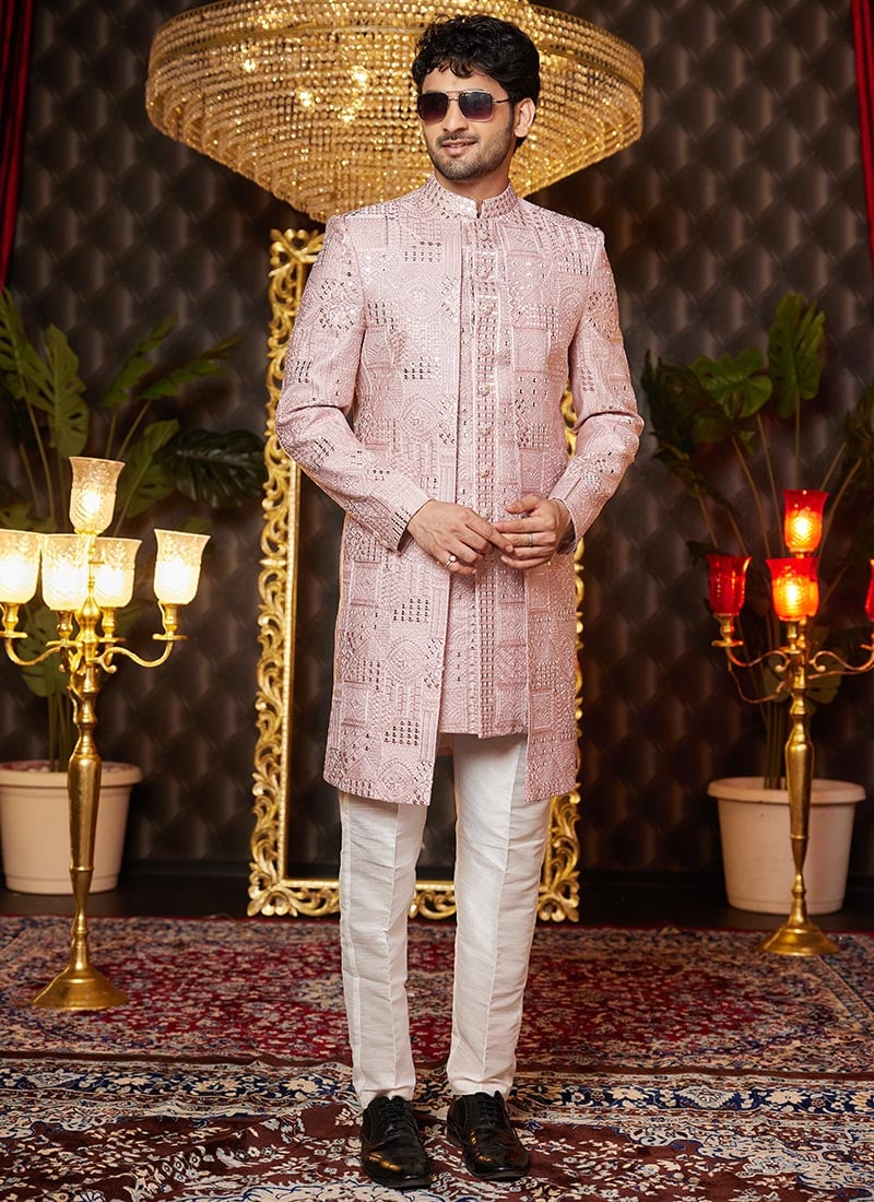 Onion Pink Silk Embroidered And Sequins Thread Indowestern Sherwani Wedding Wear