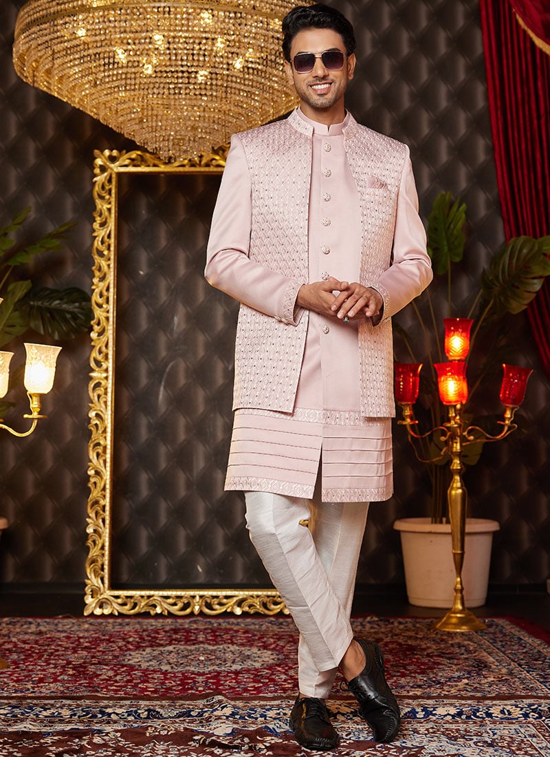 Onion Pink Silk Embroidered And Sequins Thread Indowestern Sherwani Wedding Wear
