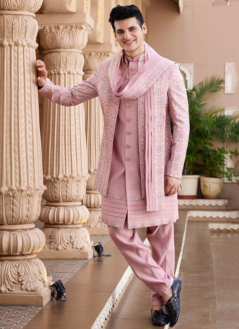 Onion Pink Silk Embroidered Indowestern Sherwani Wedding Wear