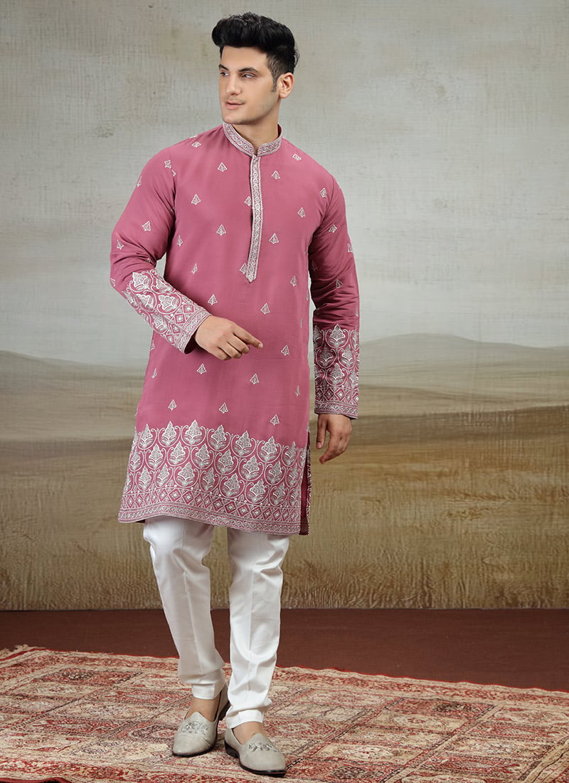 Onion Pink Silk Embroidered Kurta Pyjama Festive Wear