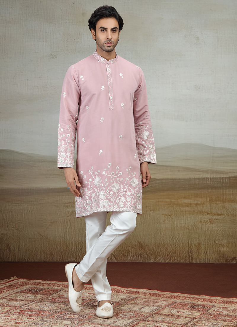 Onion Pink Silk Embroidered Kurta Pyjama Festive Wear