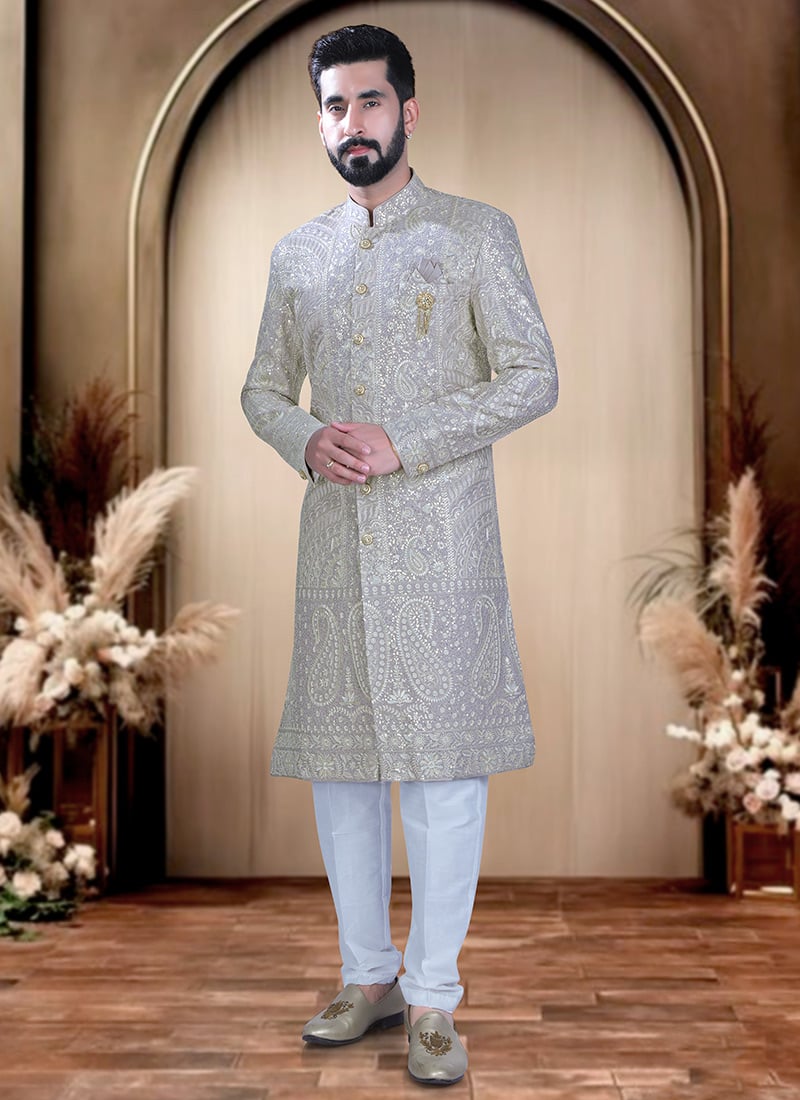 Onion Pink Silk Embroidered Sequins Indowestern Sherwani For Men Wedding Wear