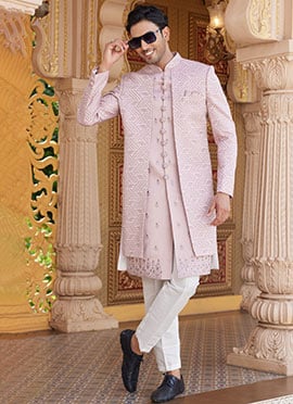 Onion Pink Silk Embroidered Sequins Indowestern Sherwani