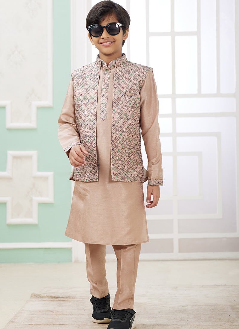 Onion Pink Silk Embroidered Sequins Kids Boys Bandi Set Festive Wear