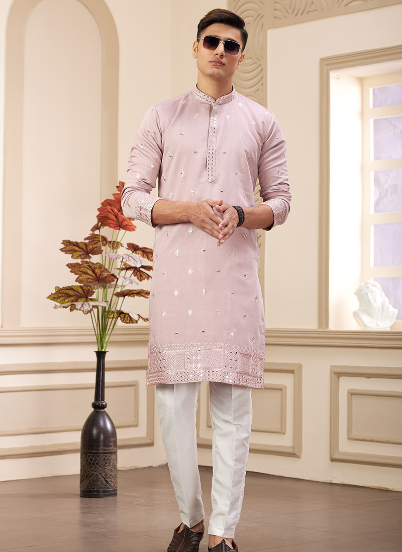 Onion Pink Silk Embroidered Sequins Kurta Pyjama Festive Wear
